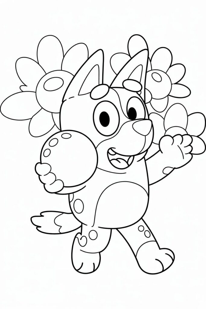 Bluey che gioca con un pallone da colorare