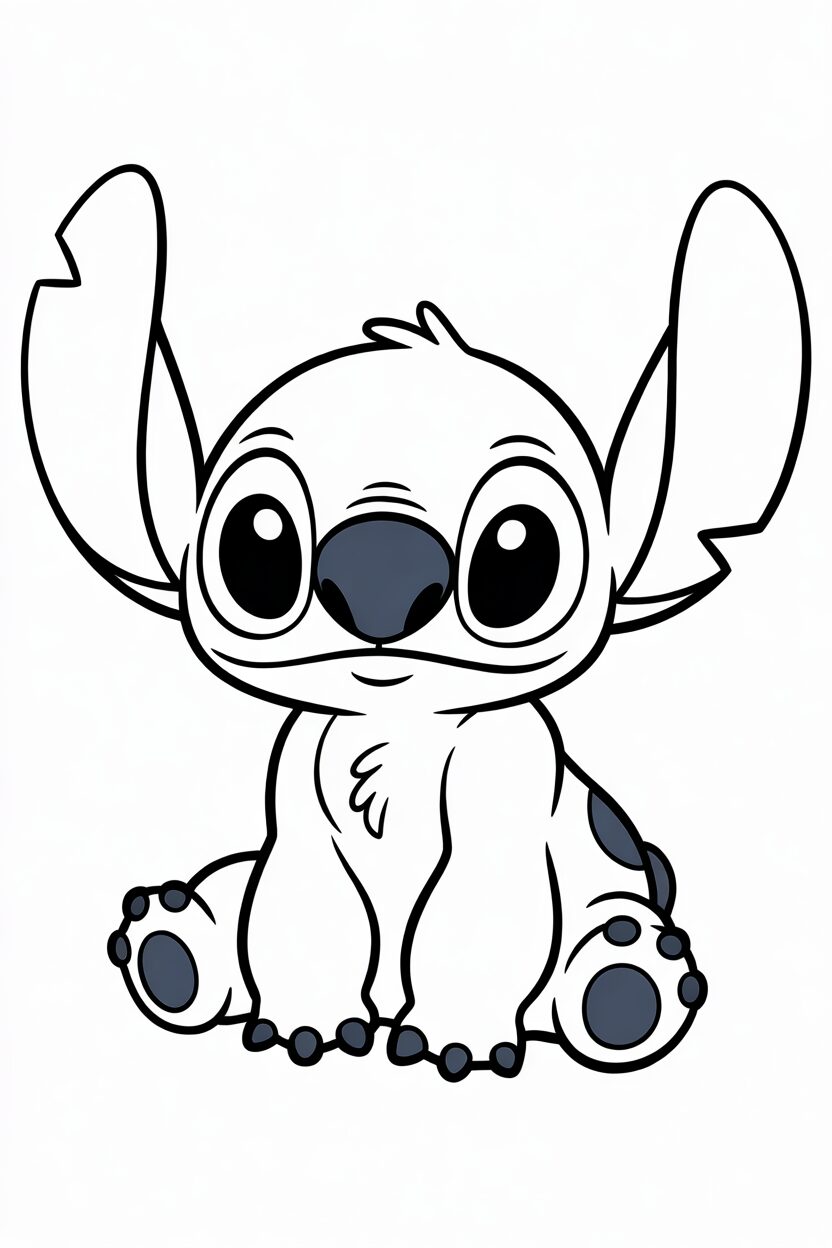 Disegno di Stitch seduto con espressione dolce e orecchie grandi, perfetto per colorare.