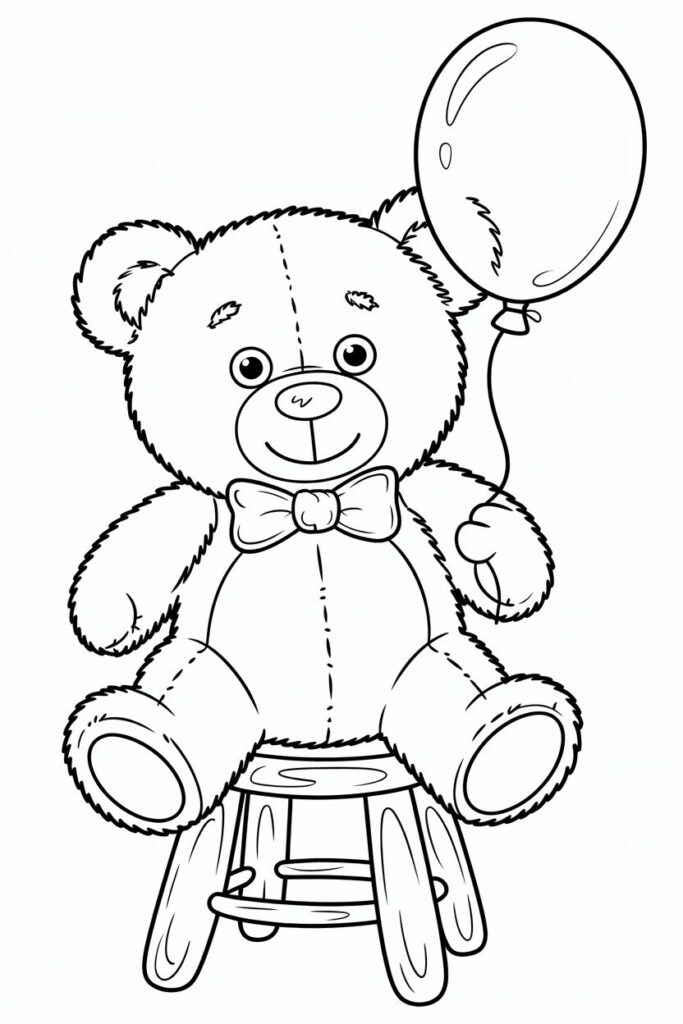 orso peluche da colorare con palloncino seduto su sgabello
