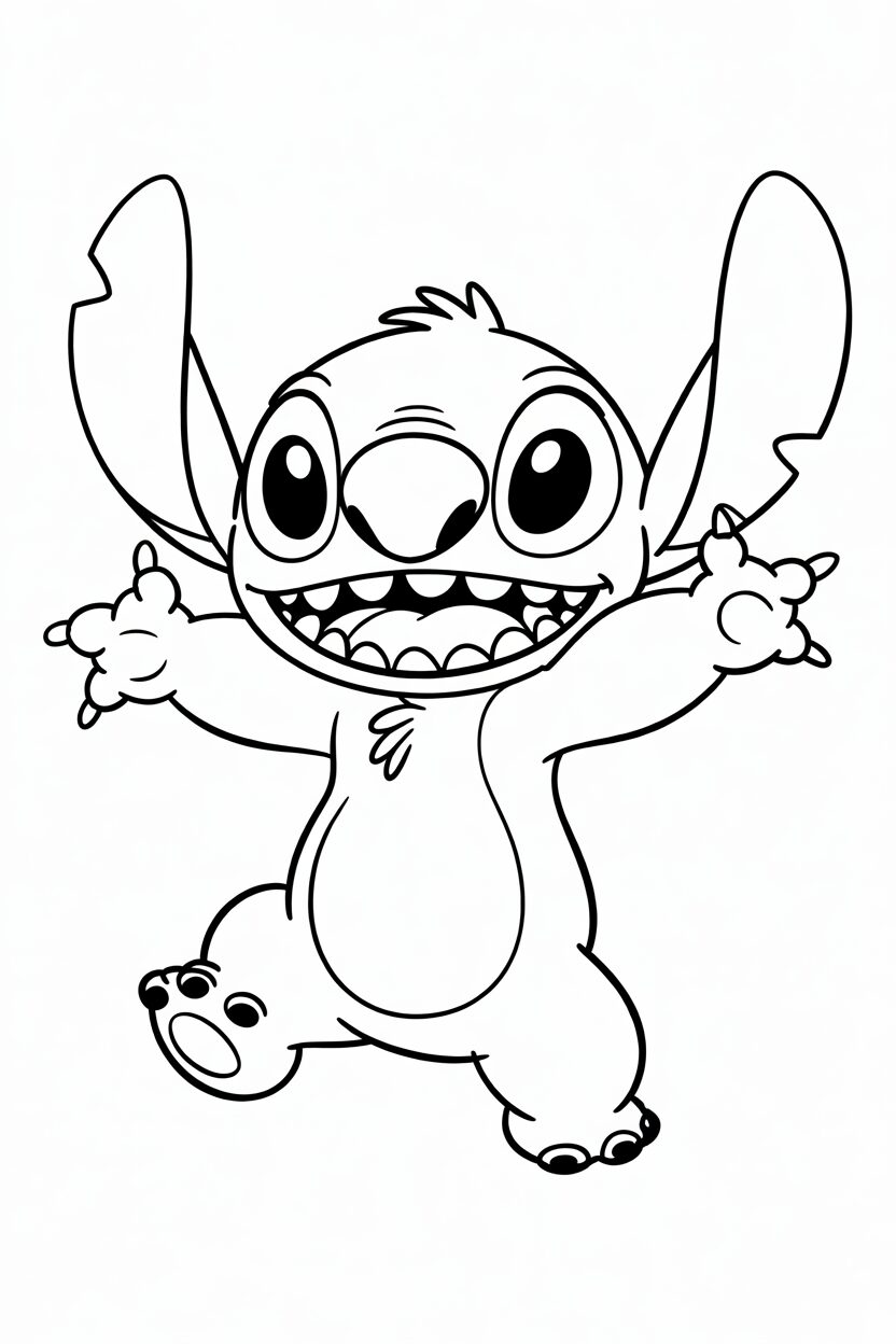 Stitch sorridente mentre salta con le braccia aperte, immagine per bambini da colorare.