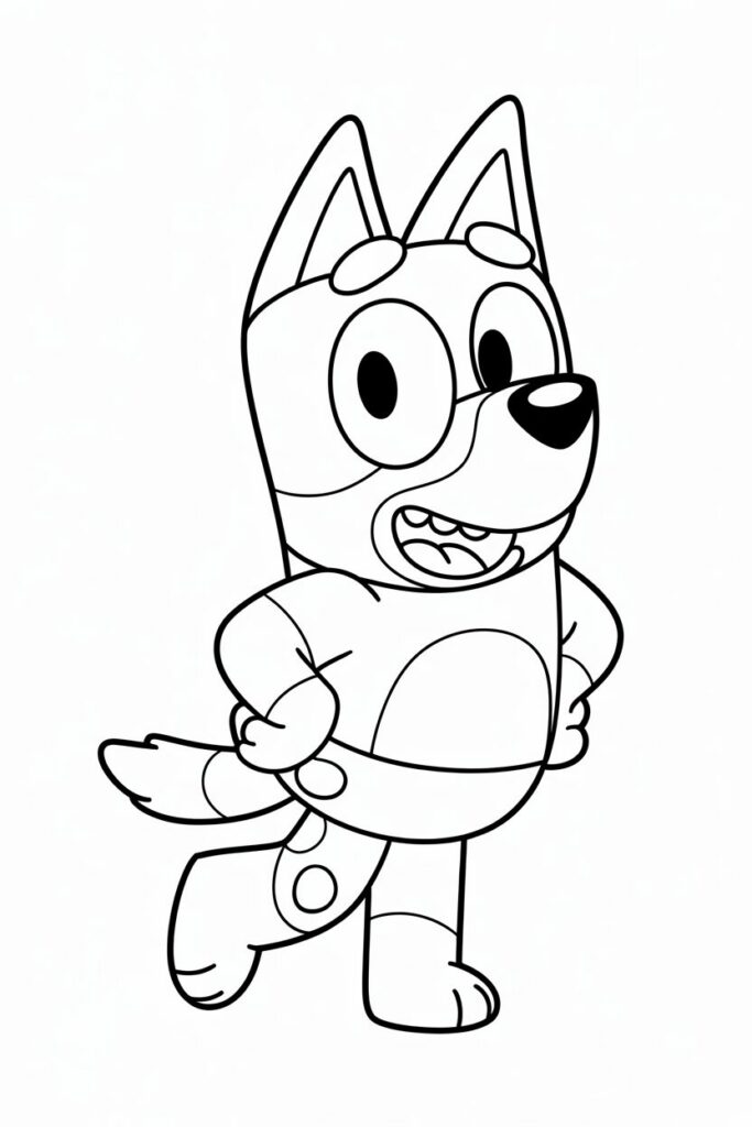 Bluey in piedi con espressione felice da colorare
