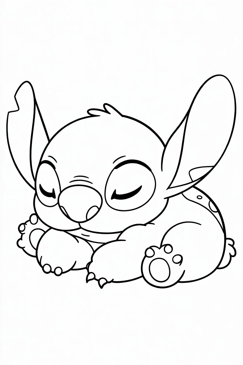 Disegno da colorare di Stitch che dorme tranquillamente in posizione rannicchiata.