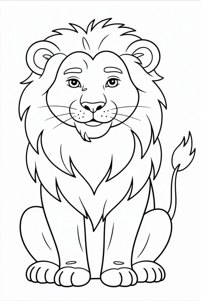 leone da colorare seduto con criniera grande per bambini