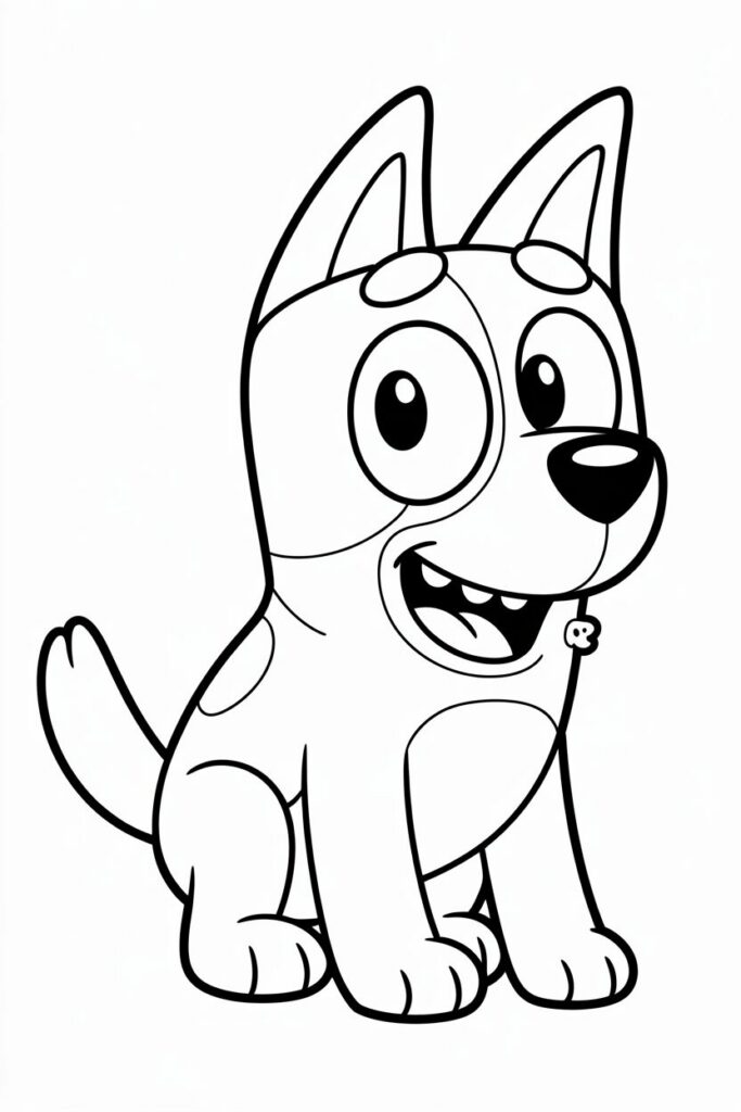 Bluey seduto con un grande sorriso da colorare