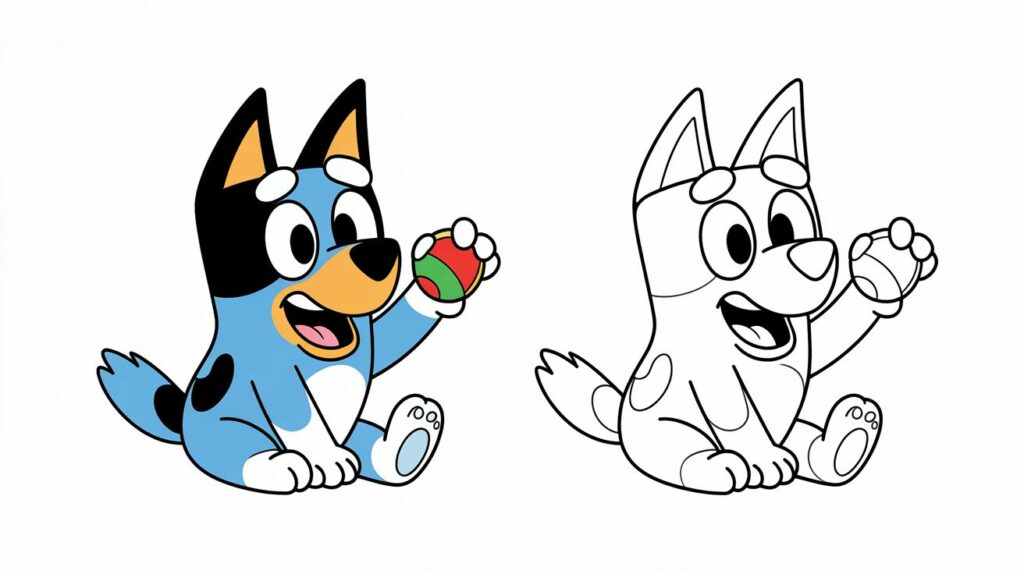 Bluey con pallina – immagine a colori e versione da colorare per bambini