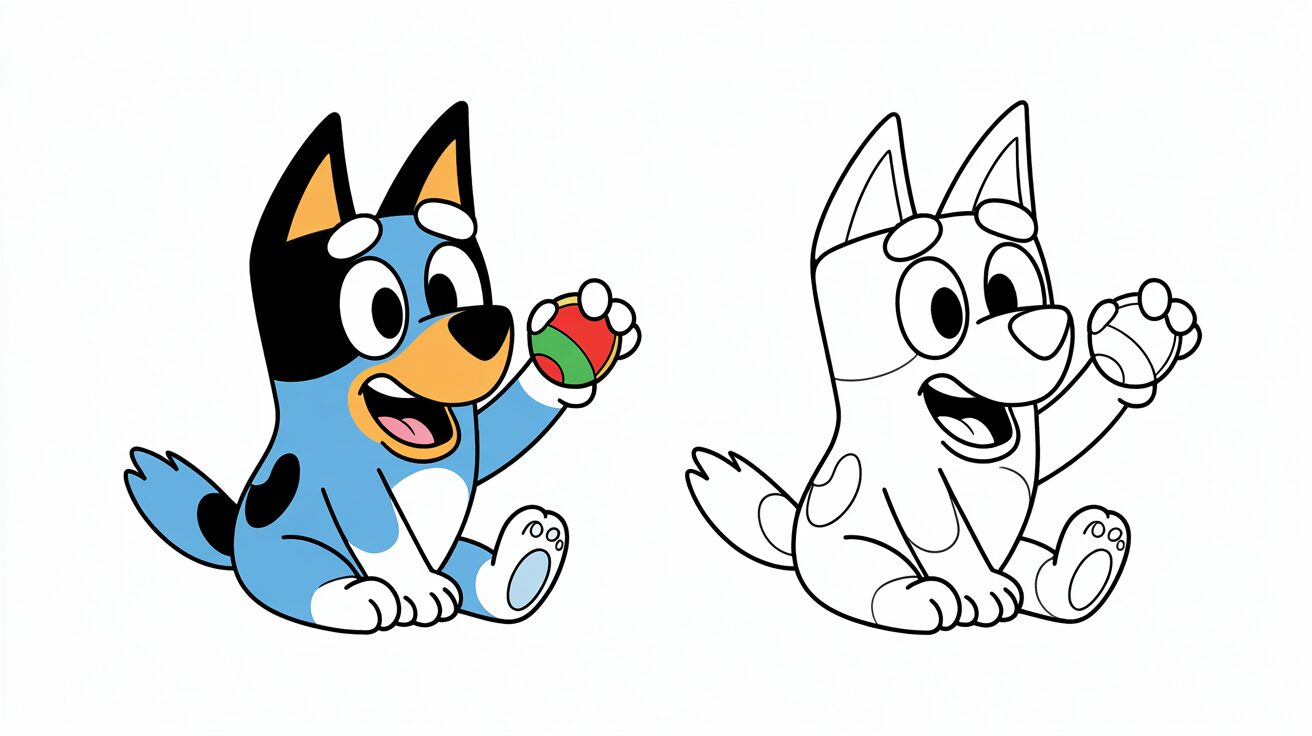 Bluey con pallina – immagine a colori e versione da colorare per bambini