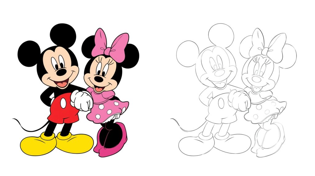 Mickey e Minnie che si tengono per mano – immagine per colorare e versione colorata