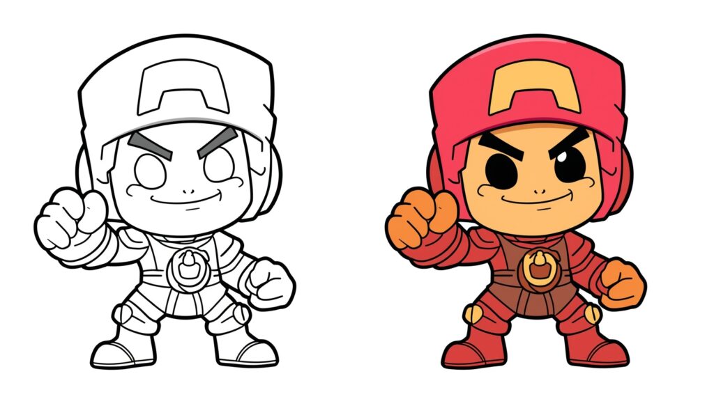 Brawl Stars da colorare con due versioni identiche: a sinistra il personaggio non colorato e a destra il personaggio colorato.