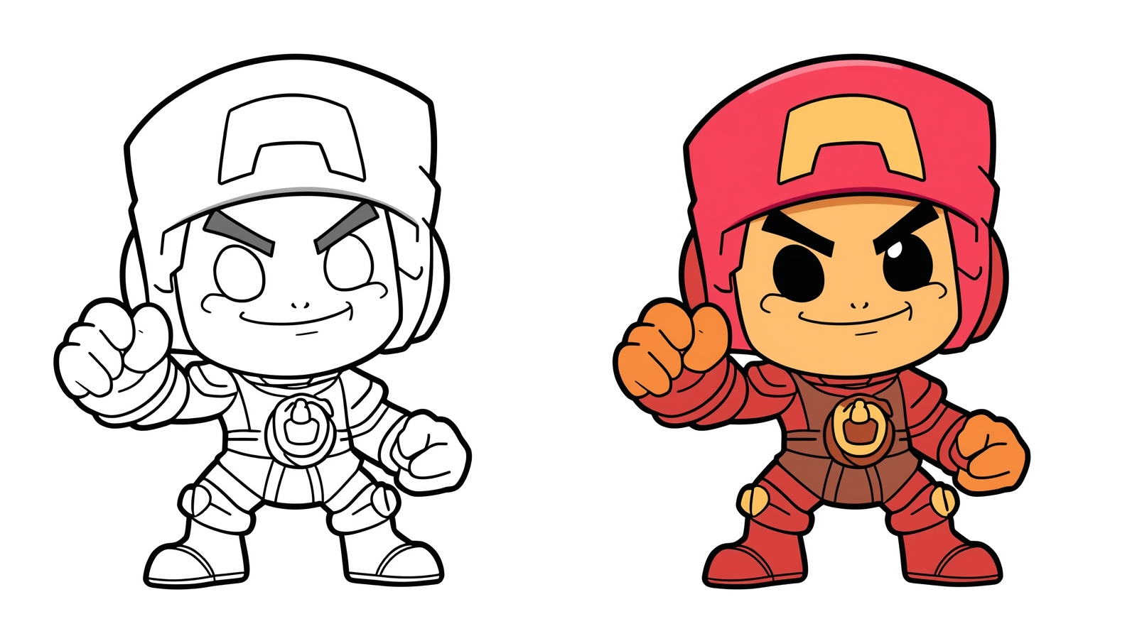 Brawl Stars da colorare con due versioni identiche: a sinistra il personaggio non colorato e a destra il personaggio colorato.