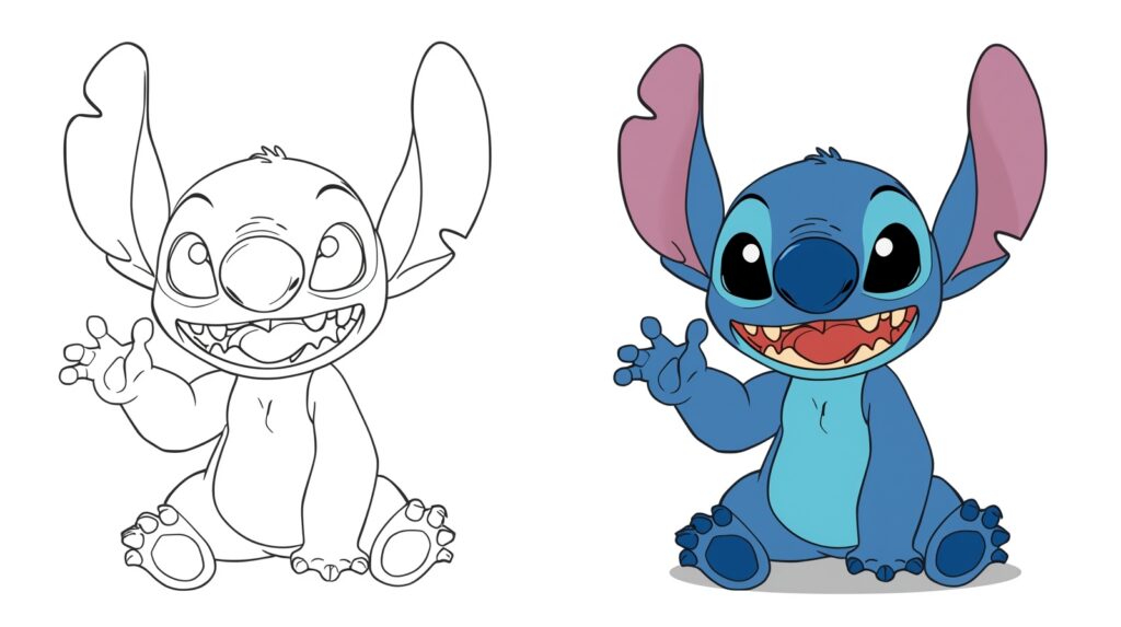 Disegno da colorare di Stitch seduto e sorridente, insieme alla versione colorata.