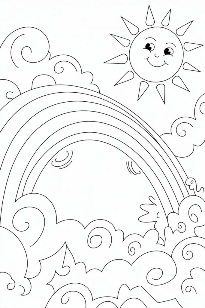 Disegno da colorare con sole sorridente, nuvole e arcobaleno