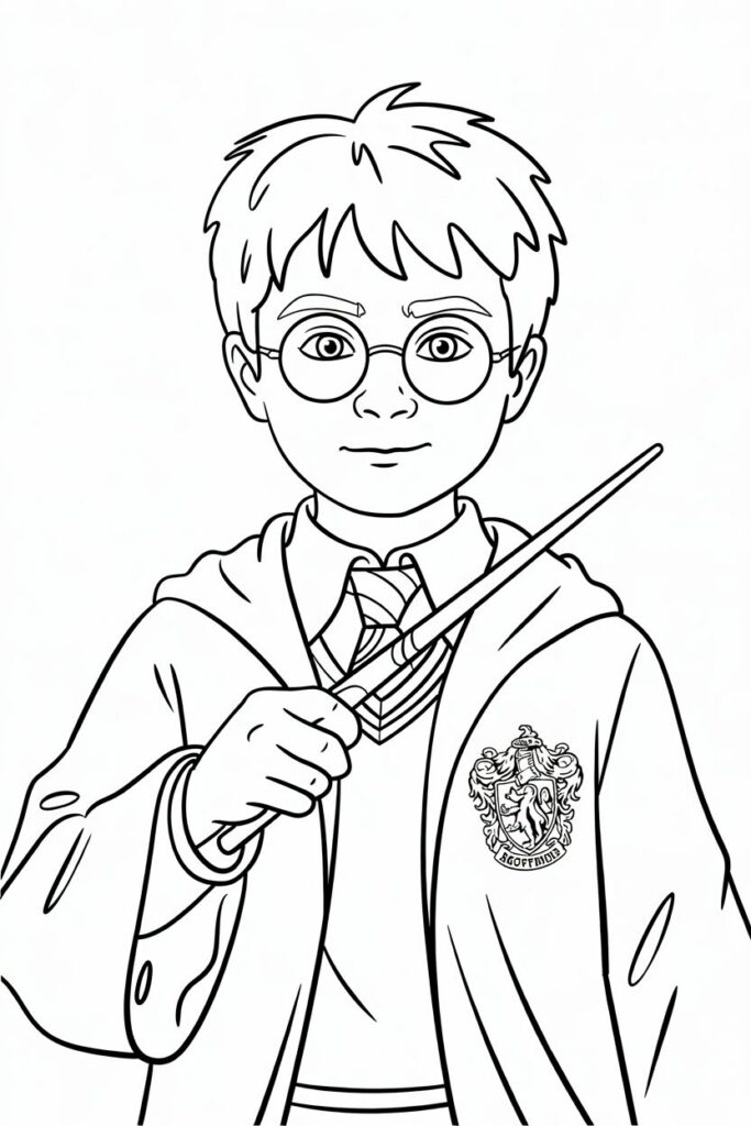 Disegno da colorare di Harry Potter con uniforme di Grifondoro e bacchetta magica