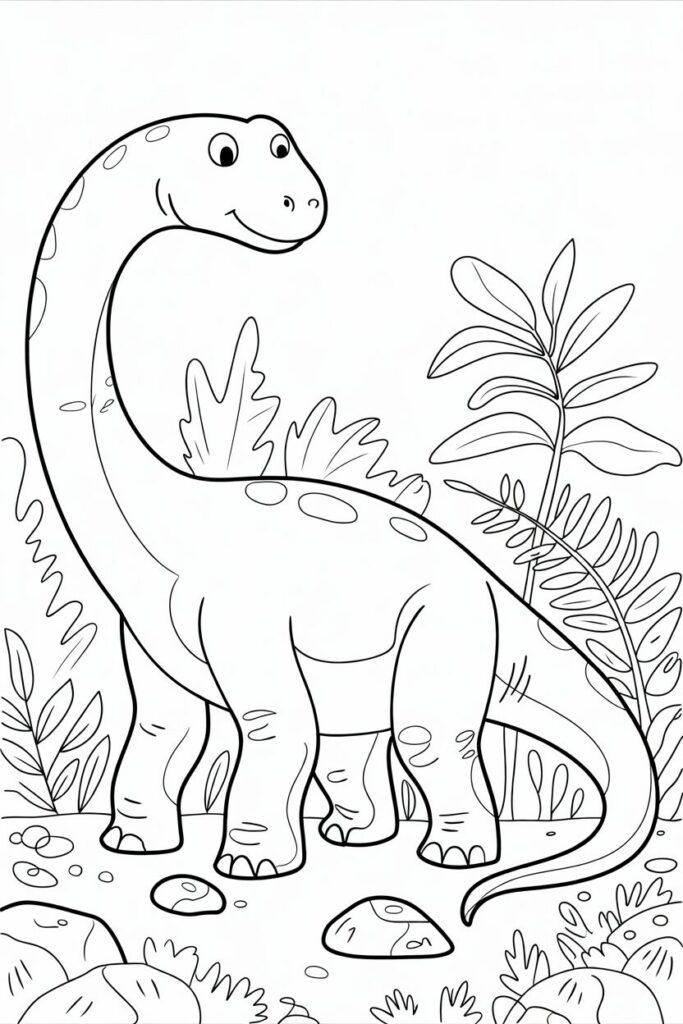 Illustrazione di un dinosauro dal collo lungo in mezzo alle piante, pagina da colorare per bambini