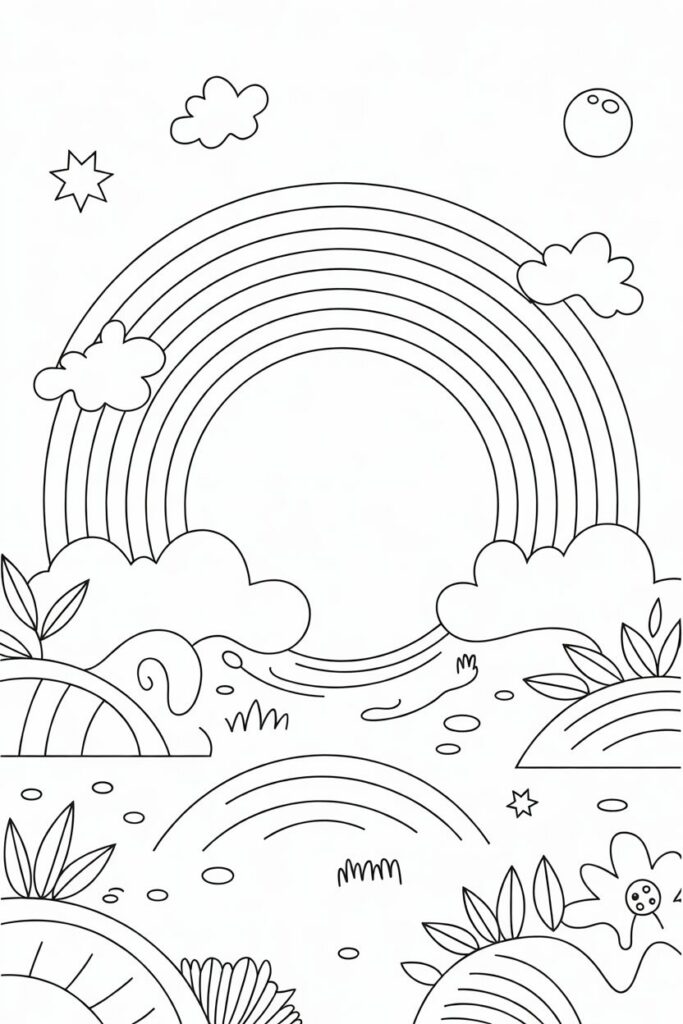 Pagina da colorare con paesaggio naturale e grande arcobaleno