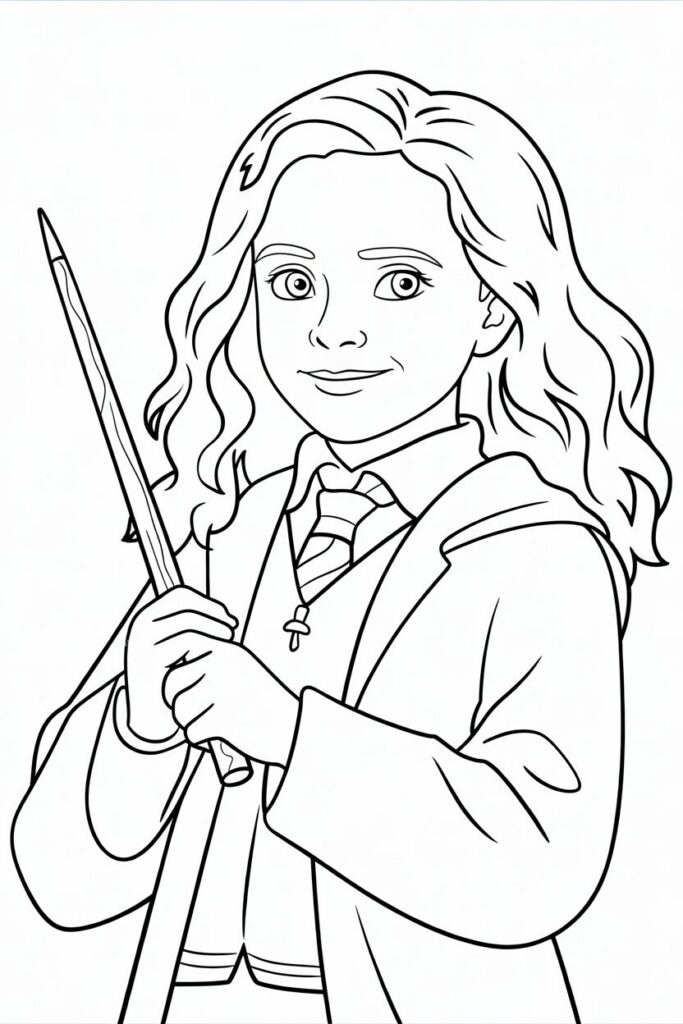 Disegno da colorare di Hermione Granger con bacchetta magica, stile semplice per bambini