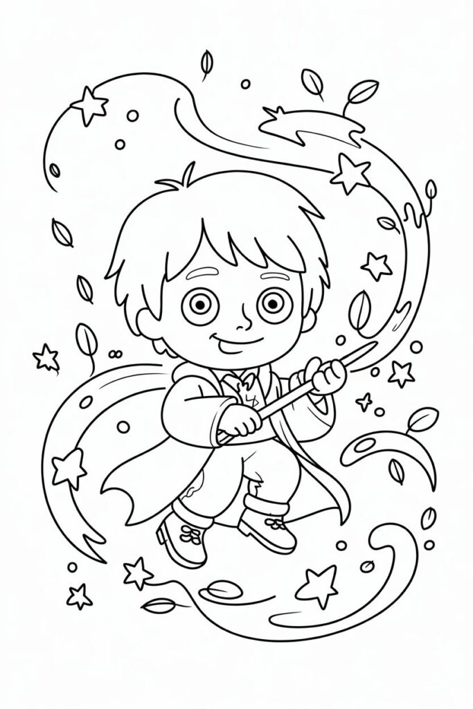 Illustrazione tipo Harry Potter bambino che lancia magia, disegno da colorare per bambini