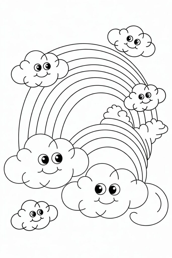 Disegno da colorare con nuvole sorridenti e arcobaleno carino