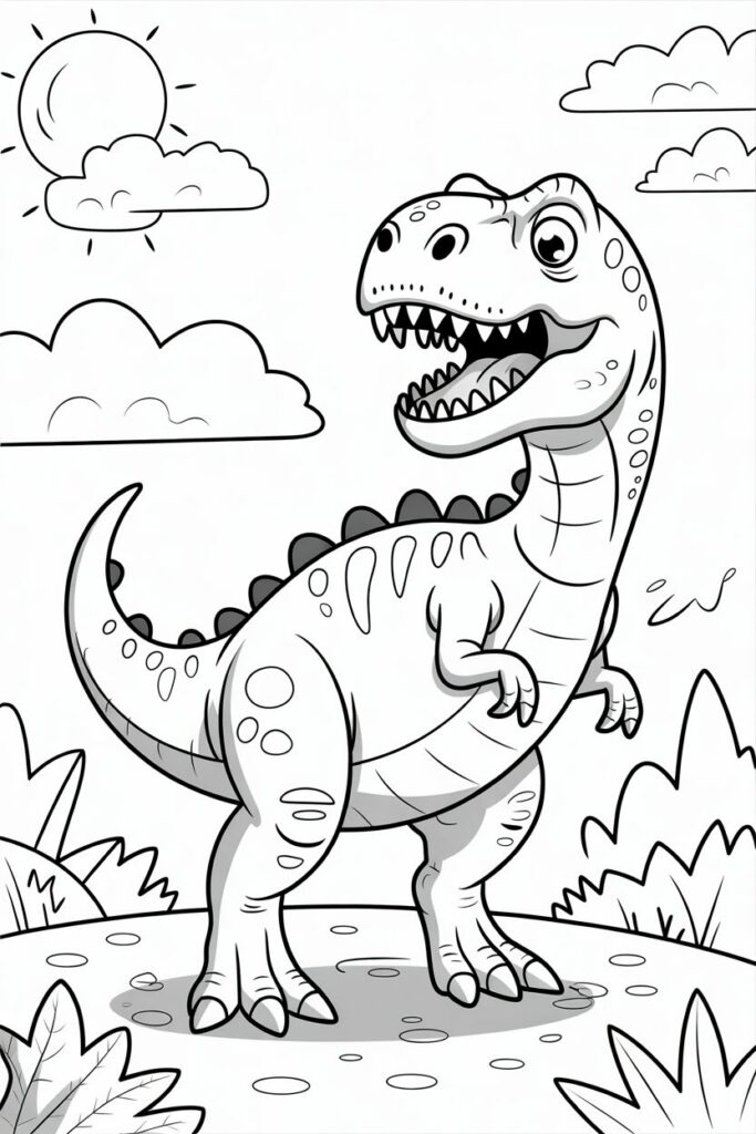 Disegno di un dinosauro T-Rex sorridente da colorare con sole e nuvole sullo sfondo