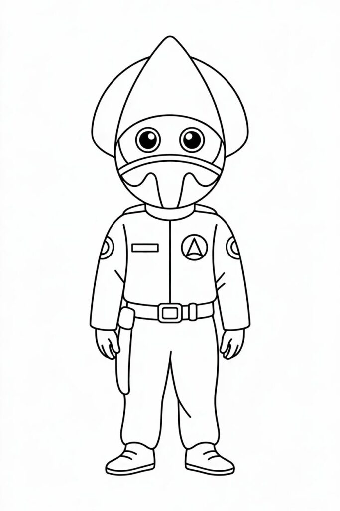Disegno da colorare di una guardia Squid Game con casco grande e uniforme dettagliata