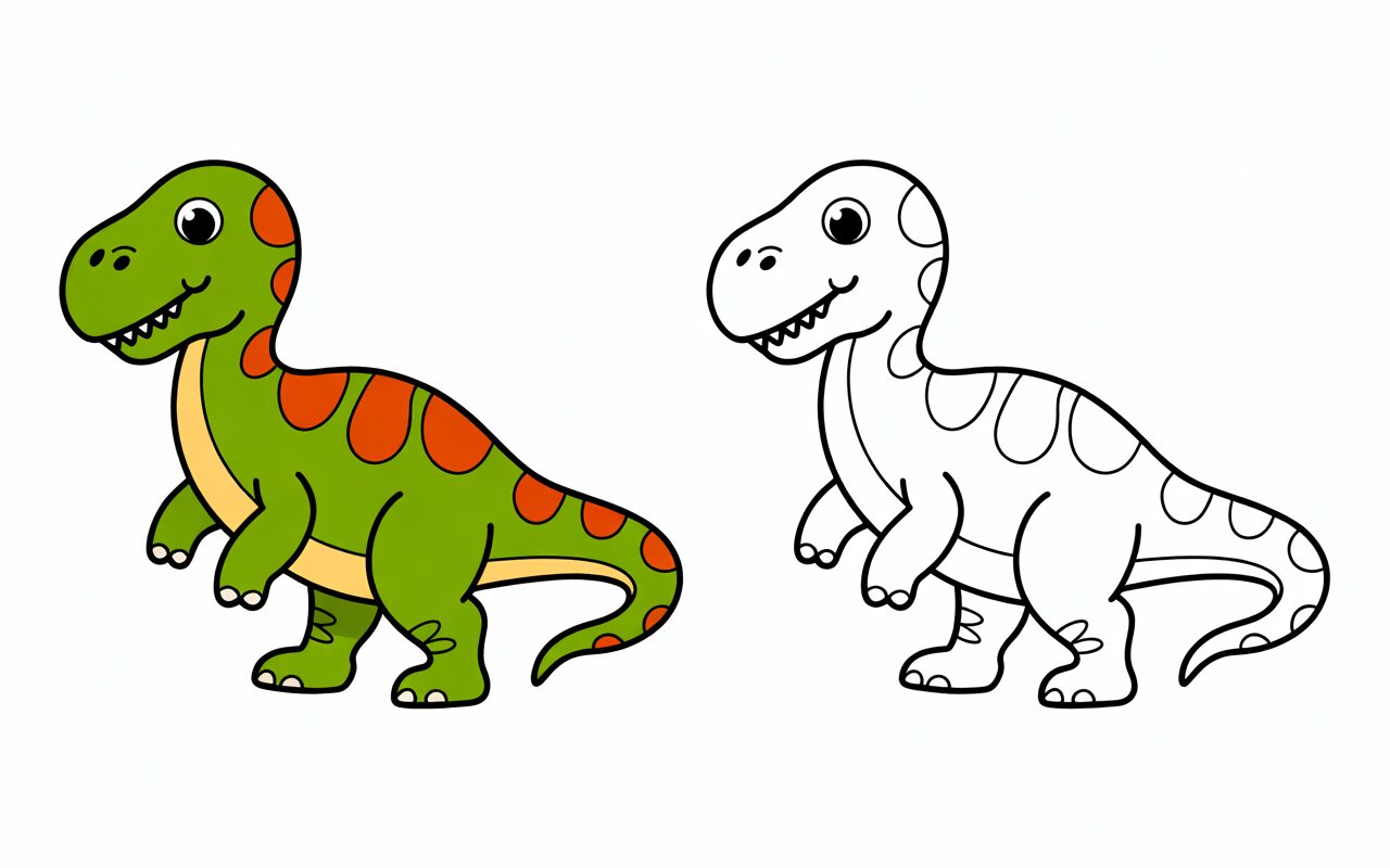 Disegno di dinosauro verde con versione colorata e versione da colorare per bambini