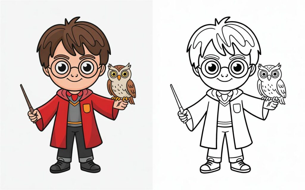 Disegno di Harry Potter con bacchetta magica e una civetta sulla mano
