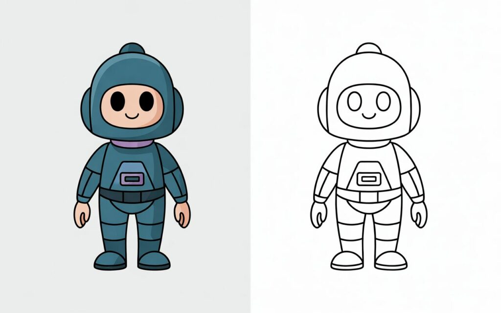 Guardia Squid Game in tuta blu, immagine doppia con versione colorata e versione da colorare