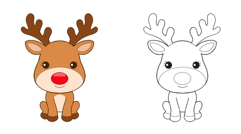 Disegno di una renna di Natale, versione colorata a sinistra e versione da colorare a destra.